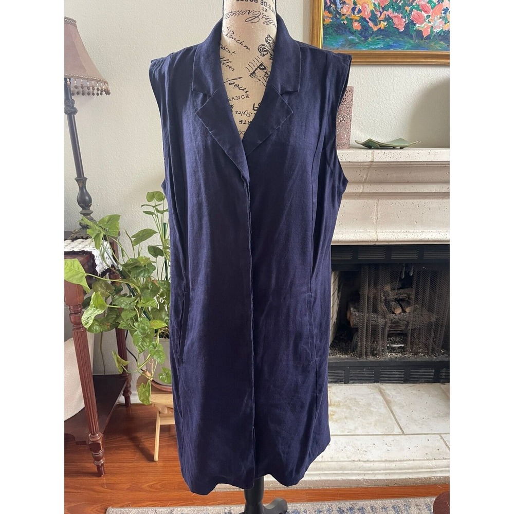 HALSTON H Shirt Dress‎ 14 Navy Blue Stretch Linen Collared
